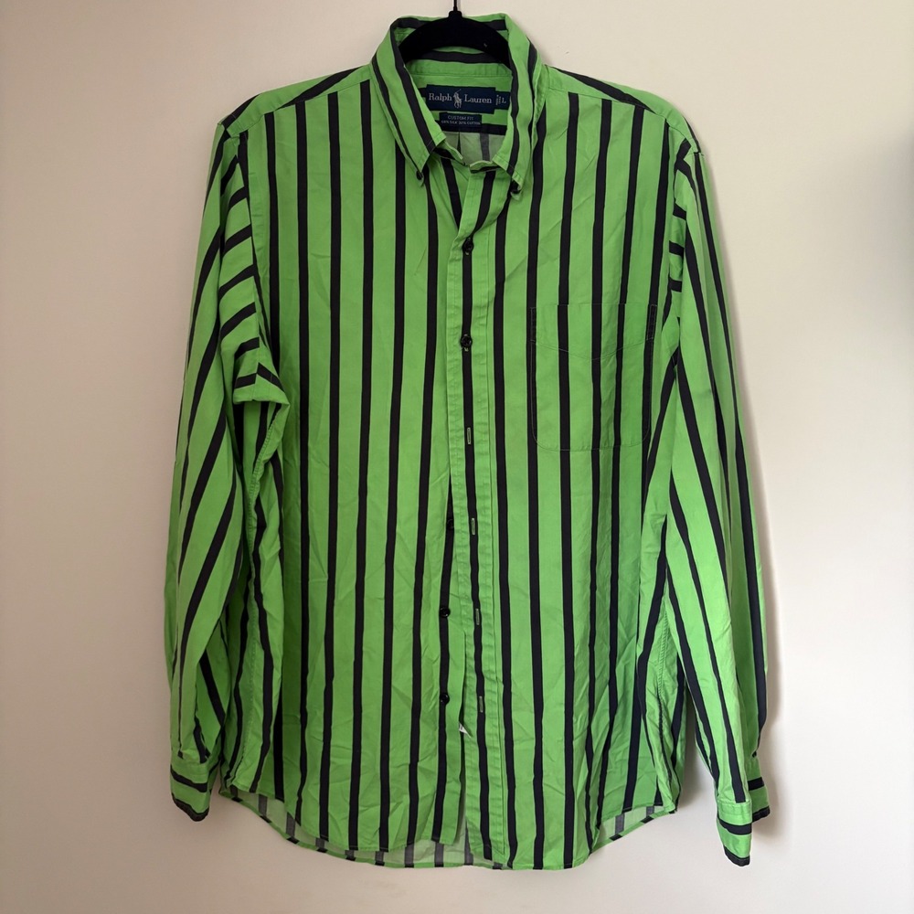 Vintage Ralph Lauren Silk Blend Green Striped Button Down Size L Beetlejuice